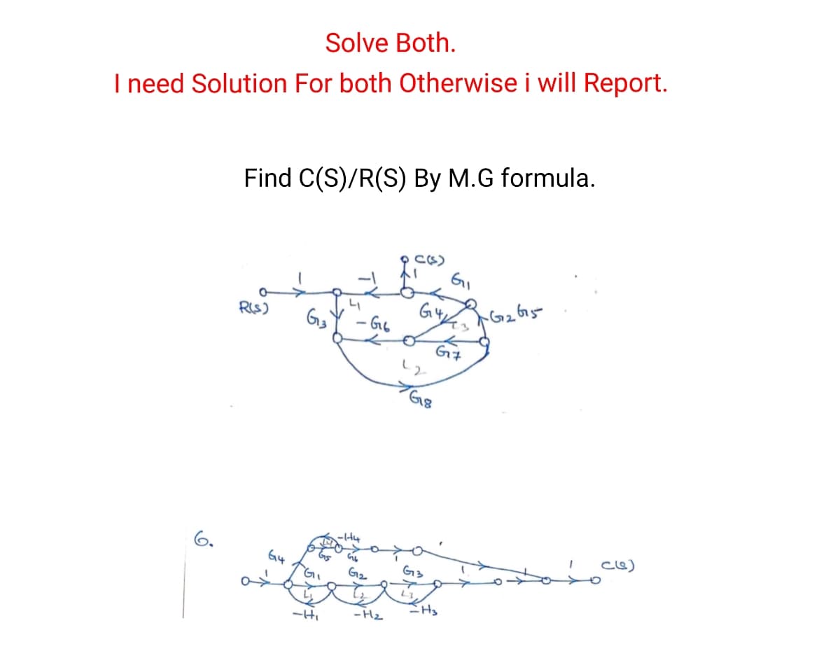 Solve Both.
I need Solution For both Otherwise i will Report.
Find C(S)/R(S) By M.G formula.
9 CS)
RIS)
G4 G265
6.
G4
G2
G3
-Hi
- Hz
