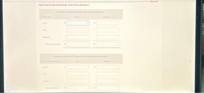CO
care separate schedusertor expected conections from contomers and expected paymentstor purchases of vendor Do not
leave any answer held blank, Enter O for amounts)
Credit sales
June
July
Augst
Schedule of Expected Collections from Customers
Total collections
July
Inventory purchner
June
July
August
Scheible of Expected Payments for Purchases of entory
July
August
