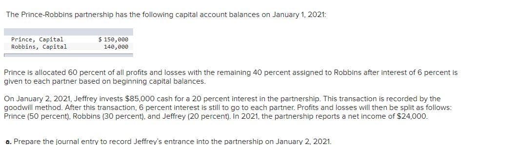 The Prince-Robbins partnership has the following capital account balances on January 1, 2021:
Prince, Capital
Robbins, Capital
$ 150,000
140,000
Prince is allocated 60 percent of all profits and losses with the remaining 40 percent assigned to Robbins after interest of 6 percent is
given to each partner based on beginning capital balances.
On January 2, 2021, Jeffrey invests $85,000 cash for a 20 percent interest in the partnership. This transaction is recorded by the
goodwill method. After this transaction, 6 percent interest is still to go to each partner. Profits and losses will then be split as follows:
Prince (50 percent), Robbins (30 percent), and Jeffrey (20 percent). In 2021, the partnership reports a net income of $24,000.
a. Prepare the journal entry to record Jeffrey's entrance into the partnership on January 2, 2021.