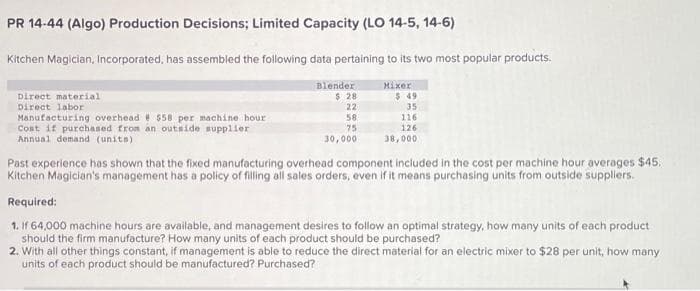 PR 14-44 (Algo) Production Decisions; Limited Capacity (LO 14-5, 14-6)
Kitchen Magician, Incorporated, has assembled the following data pertaining to its two most popular products.
Direct material
Direct labor
Manufacturing overhead@ $58 per machine hour
Cost if purchased from an outside supplier
Annual demand (units).
Blender
$ 28
22
58
75
30,000
Mixer
$ 49
35
116
126
38,000
Past experience has shown that the fixed manufacturing overhead component included in the cost per machine hour averages $45.
Kitchen Magician's management has a policy of filling all sales orders, even if it means purchasing units from outside suppliers.
Required:
1. If 64,000 machine hours are available, and management desires to follow an optimal strategy, how many units of each product
should the firm manufacture? How many units of each product should be purchased?
2. With all other things constant, if management is able to reduce the direct material for an electric mixer to $28 per unit, how many
units of each product should be manufactured? Purchased?