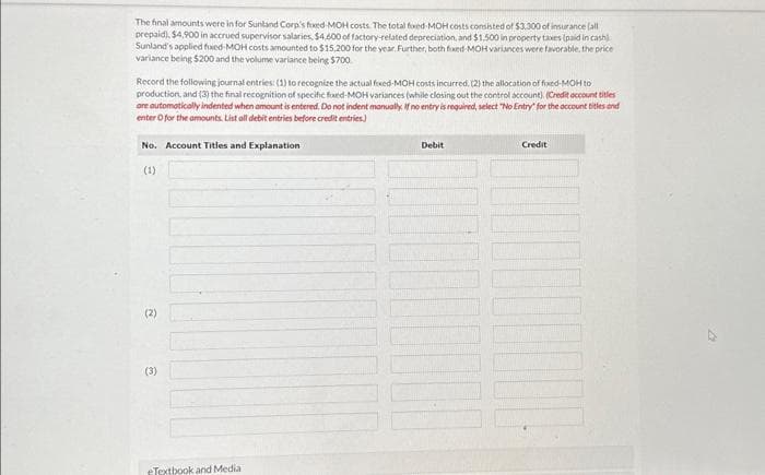 The final amounts were in for Sunland Corp's foxed MOH costs. The total foxed-MOH costs consisted of $3.300 of insurance (all
prepaid), $4,900 in accrued supervisor salaries, $4,600 of factory-related depreciation, and $1.500 in property taxes (paid in cash)
Sunland's applied fixed-MOH costs amounted to $15.200 for the year. Further, both fixed-MOH variances were favorable, the price
variance being $200 and the volume variance being $700
Record the following journal entries: (1) to recognize the actual fixed-MOH costs incurred. (2) the allocation of fixed-MOH to
production, and (3) the final recognition of specific foxed-MOH variances (while closing out the control account). (Credit account titles
are automatically indented when amount is entered. Do not indent manually. If no entry is required, select "No Entry for the account titles and
enter o for the amounts. List all debit entries before credit entries)
No. Account Titles and Explanation
(1)
(2)
(3)
eTextbook and Media
Debit
Credit