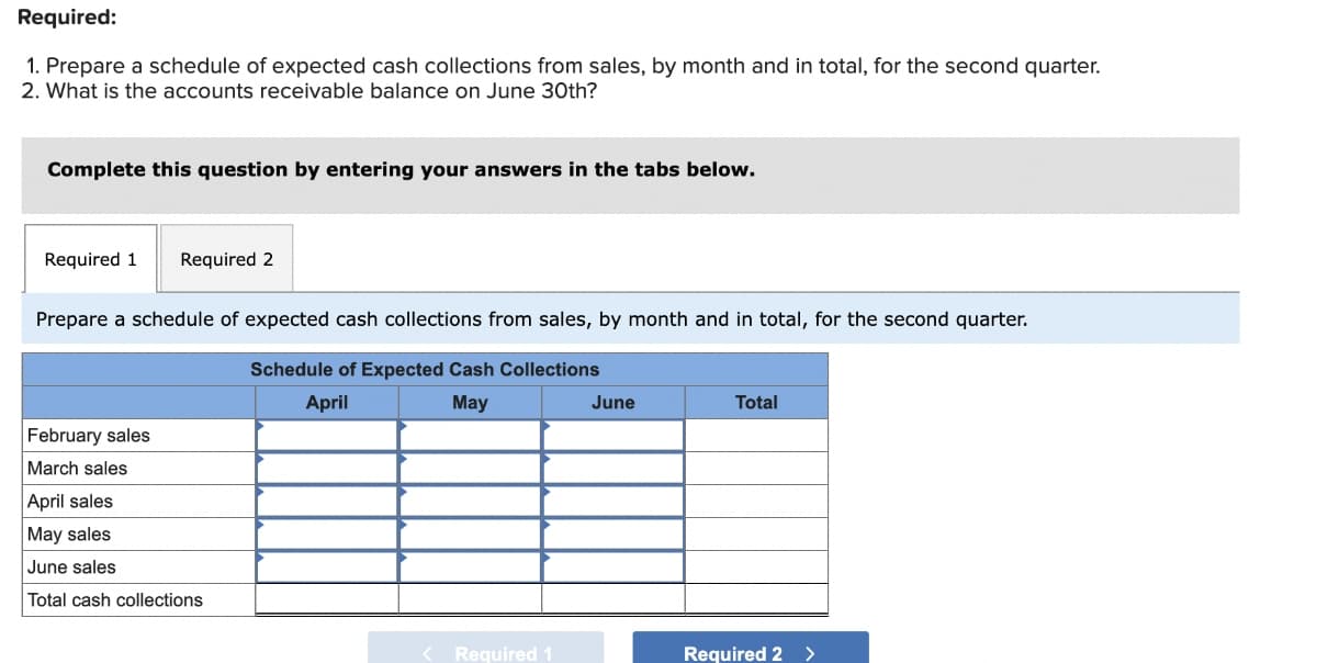 Required:
1. Prepare a schedule of expected cash collections from sales, by month and in total, for the second quarter.
2. What is the accounts receivable balance on June 30th?
Complete this question by entering your answers in the tabs below.
Required 1 Required 2
Prepare a schedule of expected cash collections from sales, by month and in total, for the second quarter.
Schedule of Expected Cash Collections
April
May
February sales
March sales
April sales
May sales
June sales
Total cash collections
Required 1
June
Total
Required 2
>