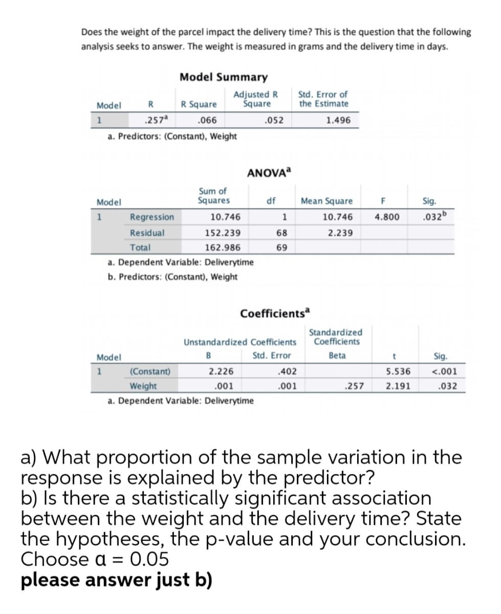 Does the weight of the parcel impact the delivery time? This is the question that the following
analysis seeks to answer. The weight is measured in grams and the delivery time in days.
Model Summary
Adjusted R
Square
Std. Error of
the Estimate
Model
R Square
1
.257
.066
.052
1.496
a. Predictors: (Constant), Weight
ANOVA
Sum of
Squares
Model
df
Mean Square
F
Sig.
1
Regression
10.746
1
10.746
4.800
.032b
Residual
152.239
68
2.239
Total
162.986
69
a. Dependent Variable: Deliverytime
b. Predictors: (Constant), Weight
Coefficientsª
Standardized
Coefficients
Unstandardized Coefficients
Model
B
Std. Error
Beta
Sig.
1
(Constant)
2.226
.402
5.536
<.001
Weight
.001
.001
.257
2.191
.032
a. Dependent Variable: Deliverytime
a) What proportion of the sample variation in the
response is explained by the predictor?
b) Is there a statistically significant association
between the weight and the delivery time? State
the hypotheses, the p-value and your conclusion.
Choose a :
please answer just b)
0.05
