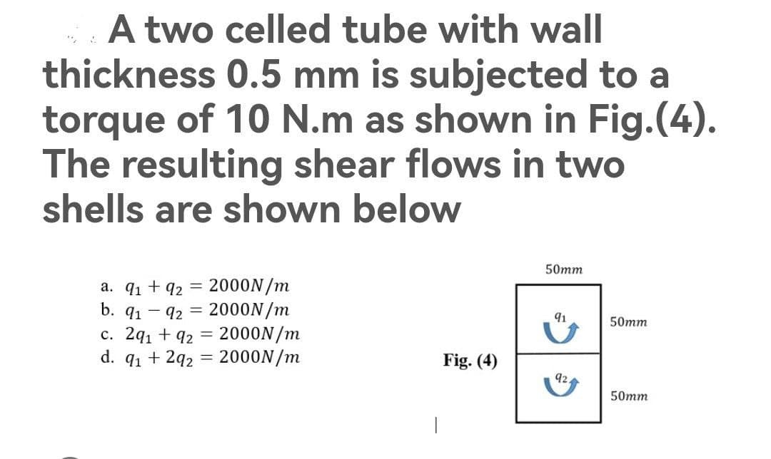 A two celled tube with wall
thickness 0.5 mm is subjected to a
torque of 10 N.m as shown in Fig.(4).
The resulting shear flows in two
shells are shown below
50mm
a. 9₁ +92
=
2000N/m
b. 91 - 92
=
2000N/m
91
c. 291 +92 = 2000N/m
d. q1 + 2q2 = 2000N/m
Fig. (4)
92
50mm
50mm