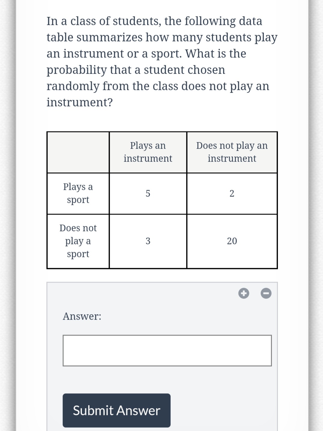 In a class of students, the following data
table summarizes how many students play
an instrument or a sport. What is the
probability that a student chosen.
randomly from the class does not play an
instrument?
Plays a
sport
Does not
play a
sport
Answer:
Plays an
instrument
5
Submit Answer
Does not play an
instrument
2
20