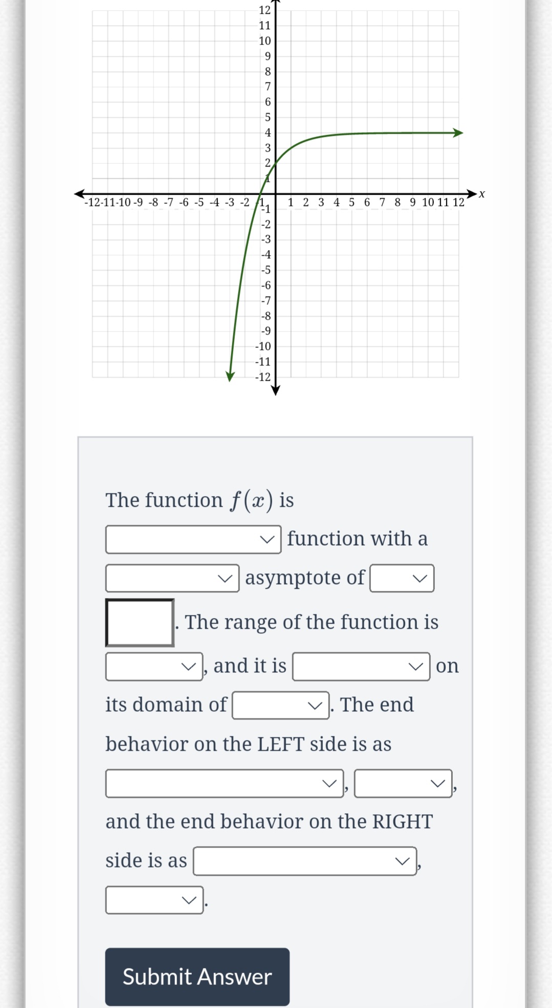 12
11
10
9
8
7
6
5
4
3
2.
-12-11-10-9 -8 -7 -6 -5 -4 -3 -2 1.
-1
i's A w i F
-2
-3
-4
-5
-6
-7
-8
-9
-10
-11
-12
X
1 2 3 4 5 6 7 8 9 10 11 12 1
The function f(x) is
function with a
asymptote of
The range of the function is
and it is
its domain of
The end
behavior on the LEFT side is as
Submit Answer
and the end behavior on the RIGHT
side is as
on