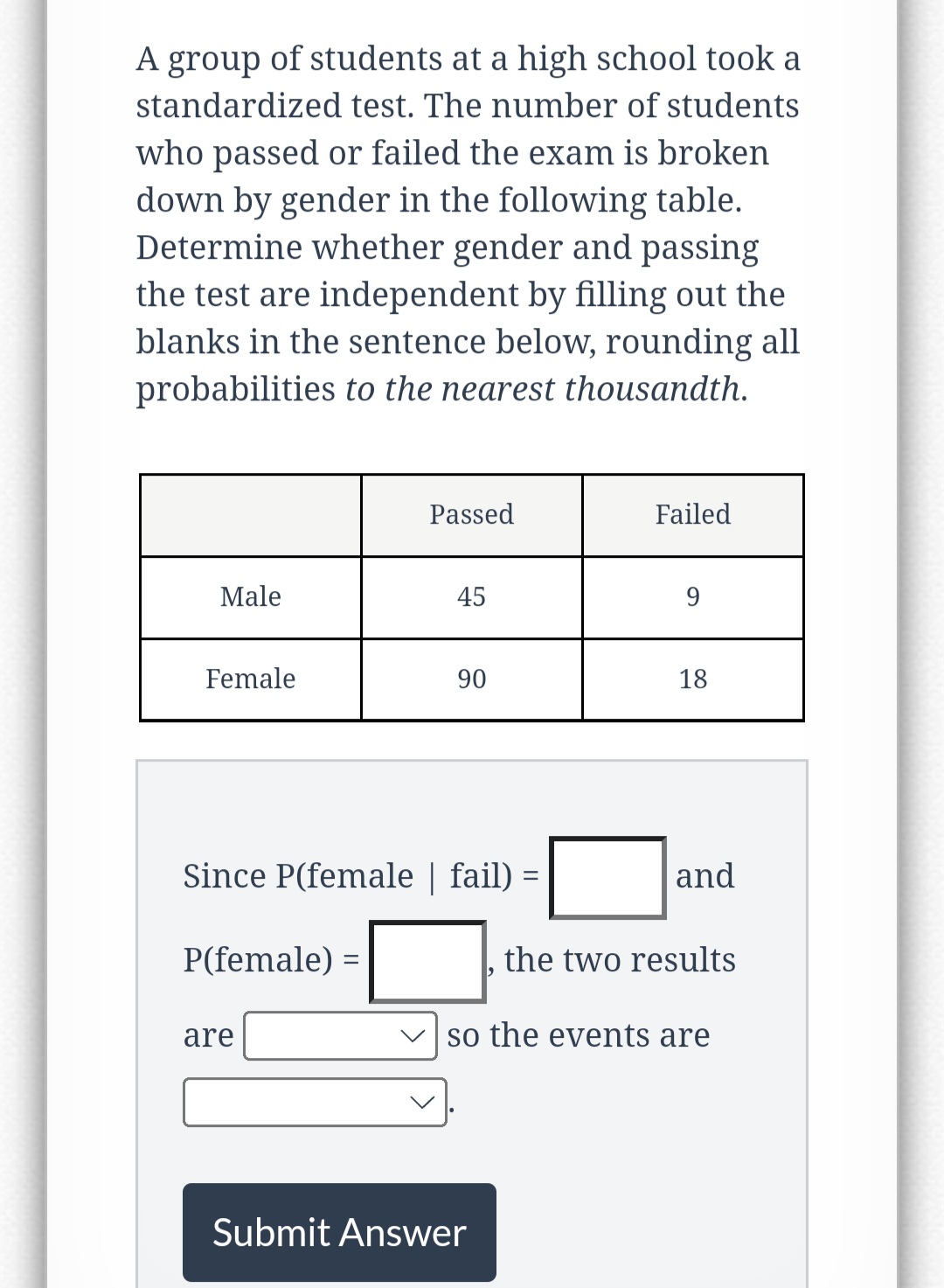 A group of students at a high school took a
standardized test. The number of students
who passed or failed the exam is broken
down by gender in the following table.
Determine whether gender and passing
the test are independent by filling out the
blanks in the sentence below, rounding all
probabilities to the nearest thousandth.
Male
Female
P(female) =
Passed
are
45
Since P(female | fail) =
90
Failed
Submit Answer
9
18
and
the two results
so the events are