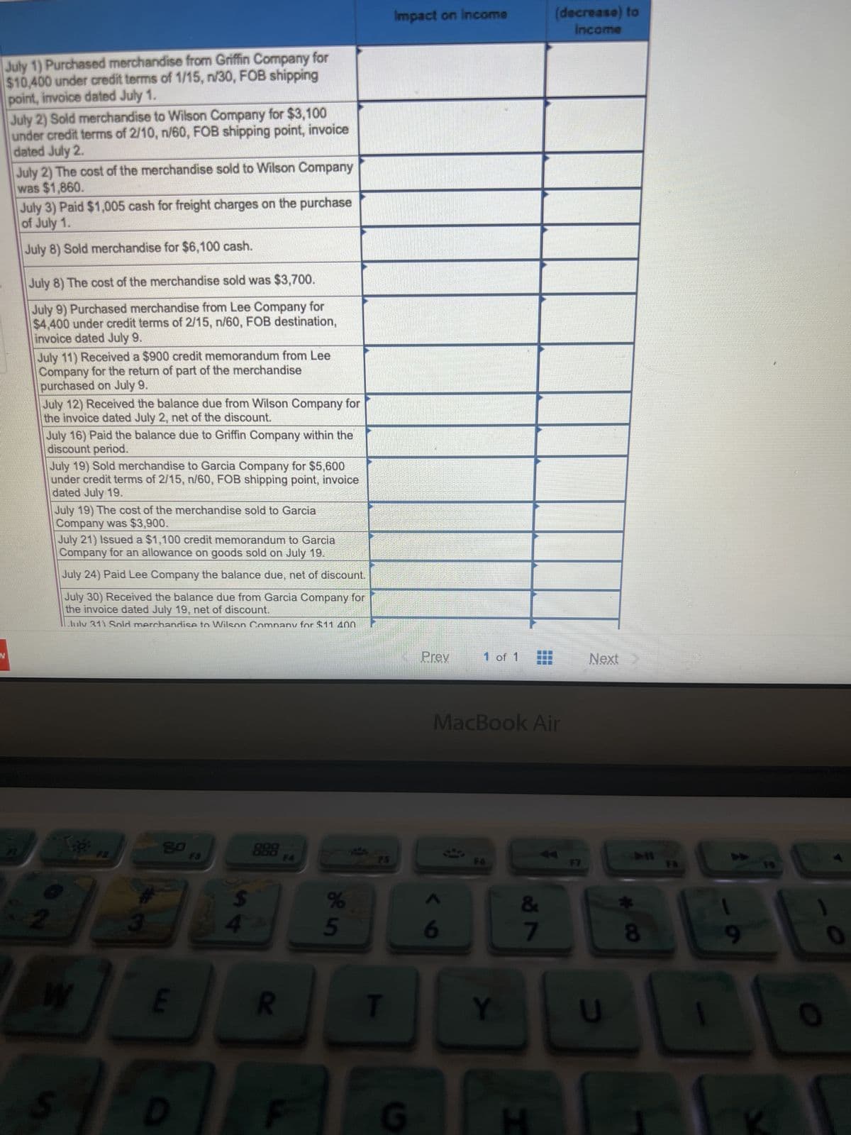 July 1) Purchased merchandise from Griffin Company for
$10,400 under credit terms of 1/15, n/30, FOB shipping
point, invoice dated July 1.
July 2) Sold merchandise to Wilson Company for $3,100
under credit terms of 2/10, n/60, FOB shipping point, invoice
dated July 2.
July 2) The cost of the merchandise sold to Wilson Company
was $1,860.
July 3) Paid $1,005 cash for freight charges on the purchase
of July 1.
July 8) Sold merchandise for $6,100 cash.
July 8) The cost of the merchandise sold was $3,700.
July 9) Purchased merchandise from Lee Company for
$4,400 under credit terms of 2/15, n/60, FOB destination,
invoice dated July 9.
July 11) Received a $900 credit memorandum from Lee
Company for the return of part of the merchandise
purchased on July 9.
July 12) Received the balance due from Wilson Company for
the invoice dated July 2, net of the discount.
July 16) Paid the balance due to Griffin Company within the
discount period.
July 19) Sold merchandise to Garcia Company for $5,600
under credit terms of 2/15, n/60, FOB shipping point, invoice
dated July 19.
2
July 19) The cost of the merchandise sold to Garcia
Company was $3,900.
July 21) Issued a $1,100 credit memorandum to Garcia
Company for an allowance on goods sold on July 19.
July 24) Paid Lee Company the balance due, net of discount.
July 30) Received the balance due from Garcia Company for
the invoice dated July 19, net of discount.
July 31) Sold merchandise to Wilson Company for $11 400
S
3
E
D
888
$
4+
R
F
De 5
%
T
Impact on Income
G
Prey
1 of 1
6
MacBook Air
FO
Y
(decrease) to
Income
&
7
Next
U
#00
8
FB
9
0
