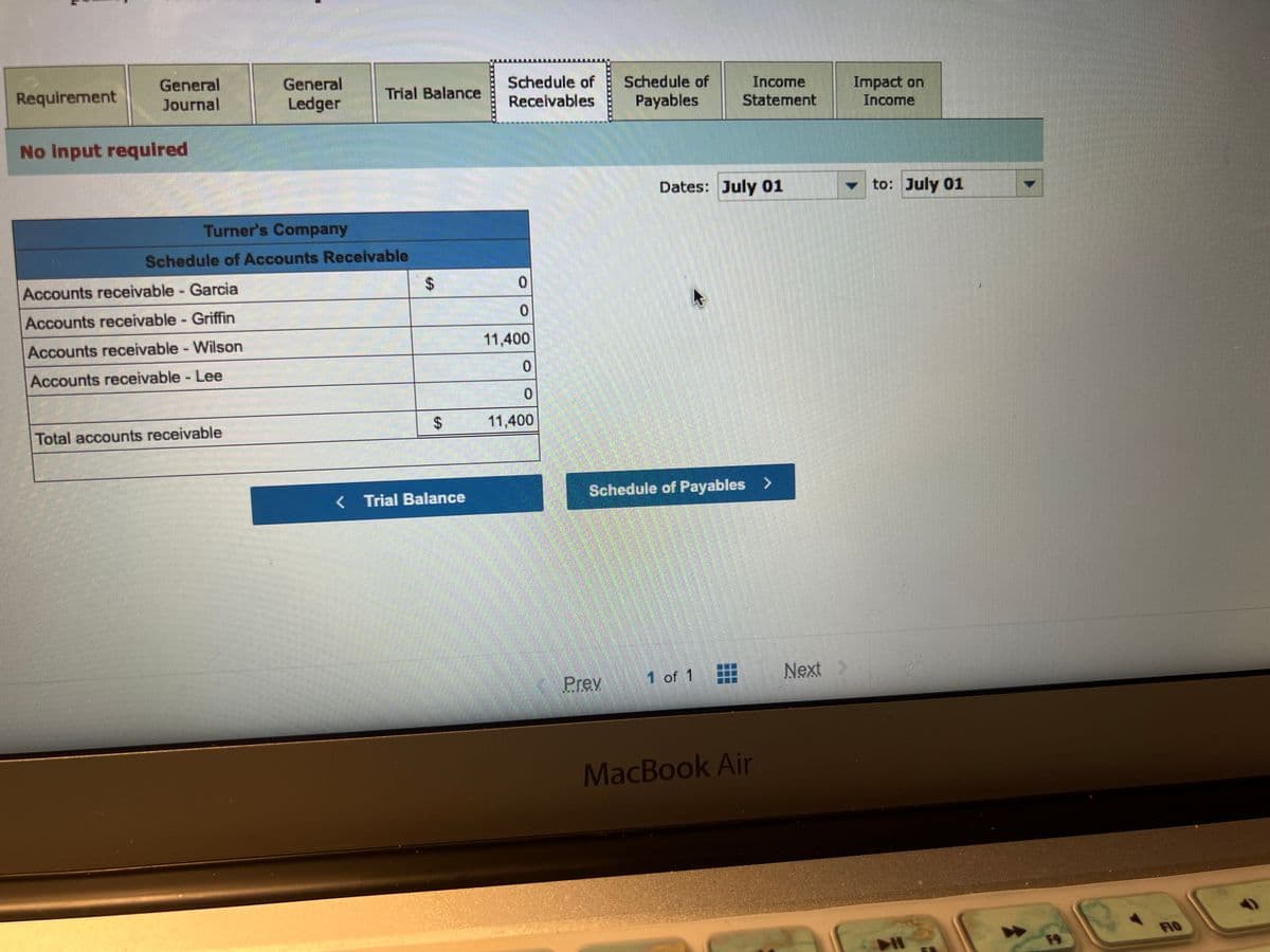Requirement
General
Journal
No input required
Accounts receivable - Garcia
Accounts receivable - Griffin
Accounts receivable - Wilson
Accounts receivable - Lee
General
Ledger
Turner's Company
Schedule of Accounts Receivable
Total accounts receivable
mmmmmm
Trial Balance
$
$
< Trial Balance
Schedule of
Receivables
0
0
11,400
0
0
11,400
Schedule of
Payables
Prev
Income
Statement
Dates: July 01
Schedule of Payables >
1 of 1
MacBook Air
Next
SA
Impact on
Income
✓to: July 01