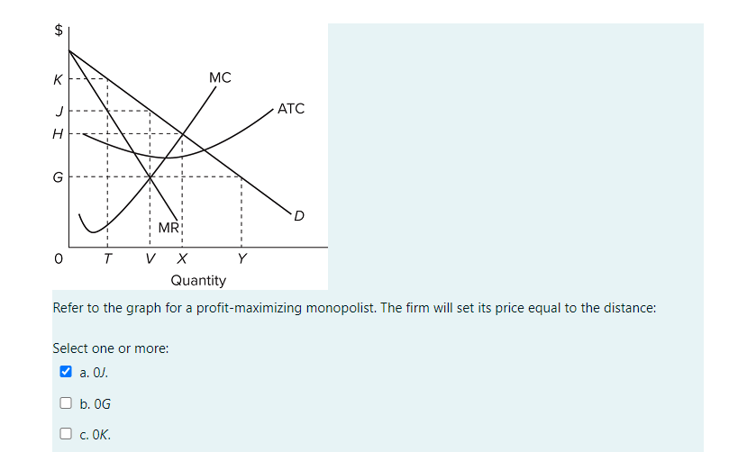 ta
K
J
H
(9)
G
MR;
0 TV X
Select one or more:
✔a. OJ.
b. OG
D c.OK.
MC
Y
ATC
Quantity
Refer to the graph for a profit-maximizing monopolist. The firm will set its price equal to the distance:
D