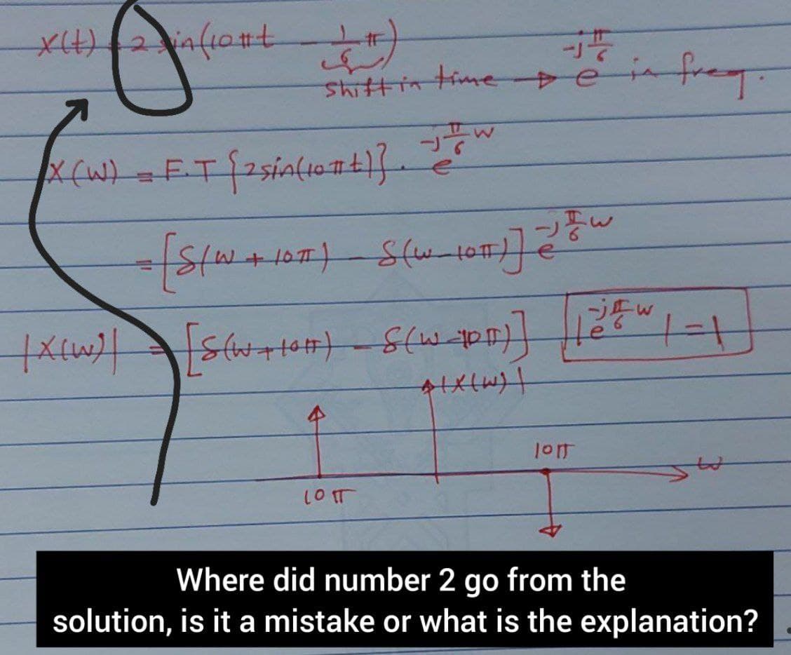 X(t)=2 in (10#t
O
A
X (W)
현한
Shift in time be in freq.
-Tw
F.T [25in (10+)].
= [ S/W + 10T) S(W_1011 )] 2
EW
|X[W] | [S(W+10#)_ _S(W_JOD)] [[Ew |-|
1=1
AIX(W) |
LOTT
lott
Where did number 2 go from the
solution, is it a mistake or what is the explanation?
