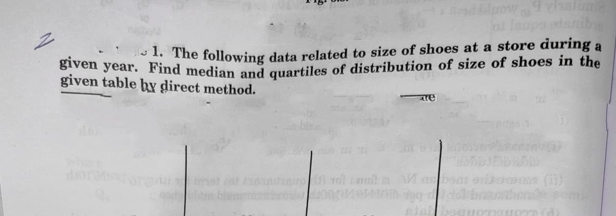 ed blpow yhalima
at Inupo odsnibi
The following data related to size of shoes at a store during a
oiven vear. Find median and quartiles of distribution of size of shoes in the
table by direct method.
where
tmat cot
1ol al n
(1)
