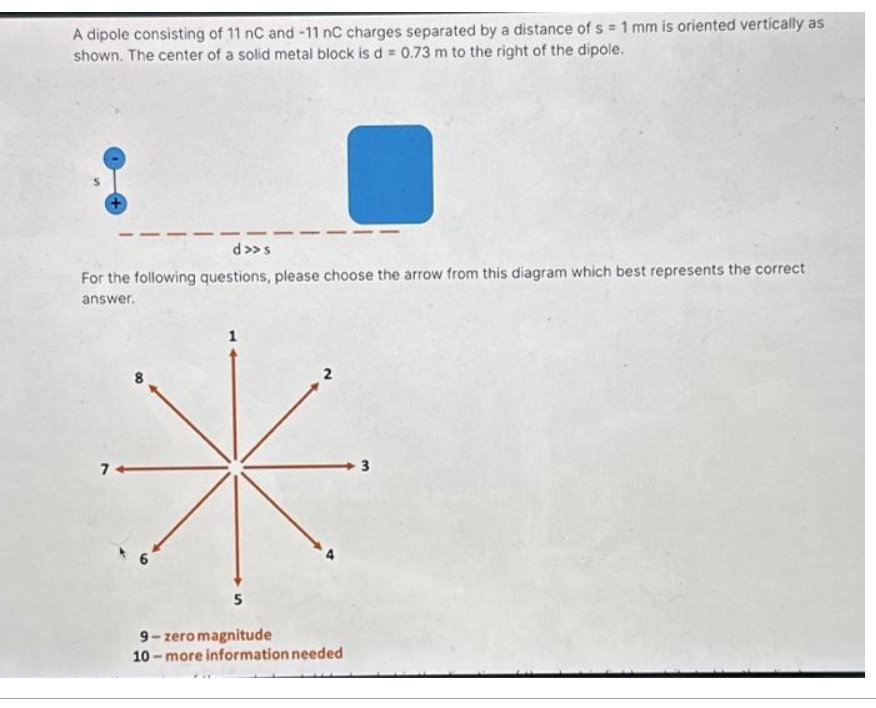 A dipole consisting of 11 nC and -11 nC charges separated by a distance of s = 1 mm is oriented vertically as
shown. The center of a solid metal block is d= 0.73 m to the right of the dipole.
d>>s
For the following questions, please choose the arrow from this diagram which best represents the correct
answer.
74
5
9-zero magnitude
10-more information needed