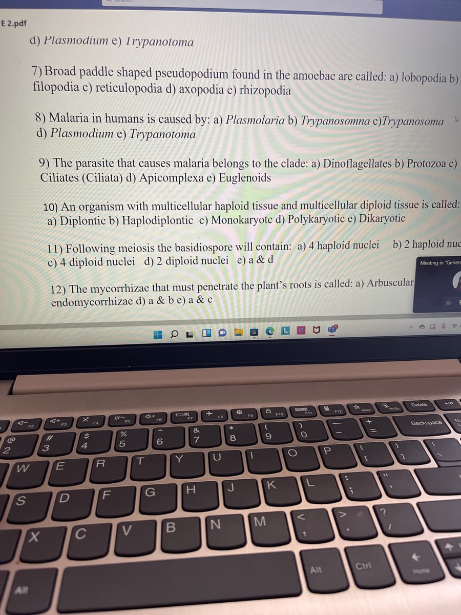 E 2.pdf
d) Plasmodium e) Trypanotoma
7) Broad paddle shaped pseudopodium found in the amoebae are called: a) lobopodia b)
filopodia c) reticulopodia d) axopodia e) rhizopodia
8) Malaria in humans is caused by: a) Plasmolaria b) Trypanosomna c)Trypanosoma
d) Plasmodium e) Trypanotoma
9) The parasite that causes malaria belongs to the clade: a) Dinoflagellates b) Protozoa c)
Ciliates (Ciliata) d) Apicomplexa e) Euglenoids
10) An organism with multicellular haploid tissue and multicellular diploid tissue is called:
a) Diplontic b) Haplodiplontic c) Monokaryotc d) Polykaryotic e) Dikaryotic
11) Following meiosis the basidiospore will contain: a) 4 haploid nuclei b) 2 haploid nuc
c) 4 diploid nuclei d) 2 diploid nuclei e) a & d
Meeting in "Genera
12) The mycorrhizae that must penetrate the plant's roots is called: a) Arbuscular
endomycorrhizae d) a & b e) a & c
Delete
**+
F6
F10
F11
F12
F7
FB
FO
F3
F4
FS
F2
N
&
Backspace
%23
%3D
4
6
7
8.
2
R
Y
U
G
H
J
K
M
C
V
Alt
Ctrl
Home
AR
טא
SI
