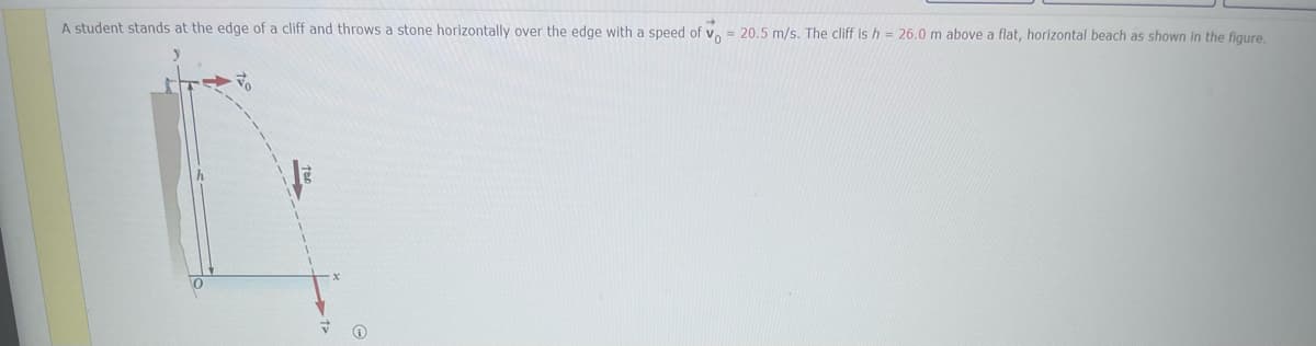 A student stands at the edge of a cliff and throws a stone horizontally over the edge with a speed of 20.5 m/s. The cliff is h = 26.0 m above a flat, horizontal beach as shown in the figure.
V
Ⓡ