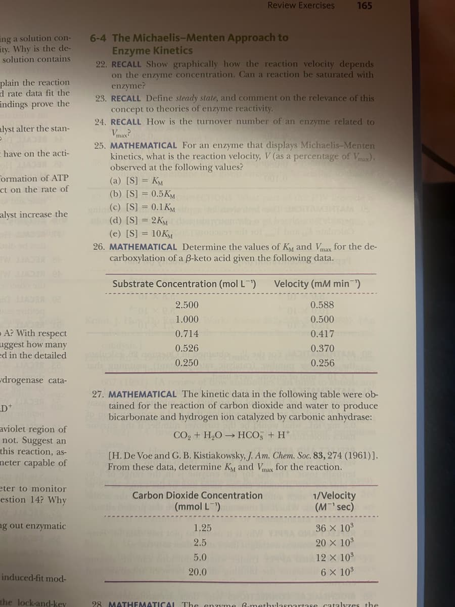 ing a solution con-
ity. Why is the de-
solution contains
plain the reaction
d rate data fit the
Findings prove the
alyst alter the stan-
have on the acti-
33AD3# 8
Formation of ATP
ct on the rate of
alyst increase the
W JLADSA CA
A? With respect
uggest how many
ed in the detailed
drogenase cata-
_D+
aviolet region of
not. Suggest an
this reaction, as-
meter capable of
eter to monitor
estion 14? Why
ng out enzymatic
induced-fit mod-
the lock-and-key
6-4 The Michaelis-Menten Approach to
Enzyme Kinetics
22. RECALL Show graphically how the reaction velocity depends
on the enzyme concentration. Can a reaction be saturated with
enzyme?
23. RECALL Define steady state, and comment on the relevance of this
concept to theories of enzyme reactivity.
24. RECALL How is the turnover number of an enzyme related to
Vmax?
25. MATHEMATICAL For an enzyme that displays Michaelis-Menten
kinetics, what is the reaction velocity, V (as a percentage of Vmax),
observed at the following values?
(a) [S] = KM
(b) [S] = 0.5 KM
gain (c) [S] = 0.1KM
(d) [S] = 2KM
Kraut
Review Exercises
(e) [S] = 10KM
26. MATHEMATICAL Determine the values of Kỵ and Vmax for the de-
carboxylation of a B-keto acid given the following data.
sris
Substrate Concentration (mol L-¹)
2.500
1.000
0.714
0.526
0.250
165
Carbon Dioxide Concentration
(mmol L ¹)
27. MATHEMATICAL The kinetic data in the following table were ob-
tained for the reaction of carbon dioxide and water to produce
bicarbonate and hydrogen ion catalyzed by carbonic anhydrase:
CO₂+ H₂O→ HCO3 + H*
1.25
2.5
5.0
20.0
Velocity (mM min-¹)
0.588
0.500
0.417
0.370
0.256
[H. De Voe and G. B. Kistiakowsky, J. Am. Chem. Soc. 83, 274 (1961)].
From these data, determine K and Vmax for the reaction.
1/Velocity
(M¹ sec)
36 × 10³
20 × 10³
12 × 10³
6 × 10³
28. MATHEMATICAL The enzyme B-methylaspartase catalyzes the