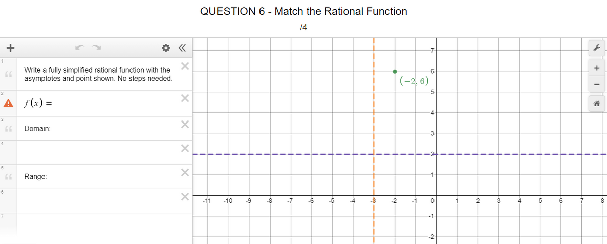 QUESTION 6 - Match the Rational Function
14
+
Write a fully simplified rational function with the
asymptotes and point shown. No steps needed.
(-2, 6)
5-
A f(x) =
Domain:
4
Range:
6
-11
-10
-9
-8
-7
-6
-5
-4
-3
-2
-1
1
2
3
4
5
6
7
-1
+
