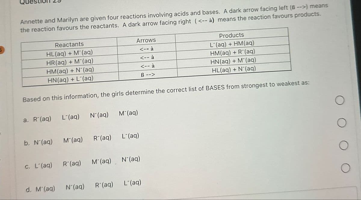 Annette and Marilyn are given four reactions involving acids and bases. A dark arrow facing left (B -->) means
the reaction favours the reactants. A dark arrow facing right (<-- à) means the reaction favours products.
Reactants
Arrows
HL(aq) + M(aq)
<-- à
HR(aq) + M (aq)
<-- à
HM(aq) + N(aq)
<-- à
HN(aq) + L (aq)
B -->
Products
L(aq) + HM(aq)
HM(aq) +R (aq)
HN(aq) + M¯(aq)
HL(aq) + N(aq)
Based on this information, the girls determine the correct list of BASES from strongest to weakest as:
a. R¯(aq)
L-(aq)
N-(aq) M-(aq)
b. N-(aq)
M-(aq) R-(aq) L¯(aq)
c. L'(aq)
R-(aq)
M-(aq) N-(aq)
d. M (aq)
N-(aq) R (aq) L (aq)