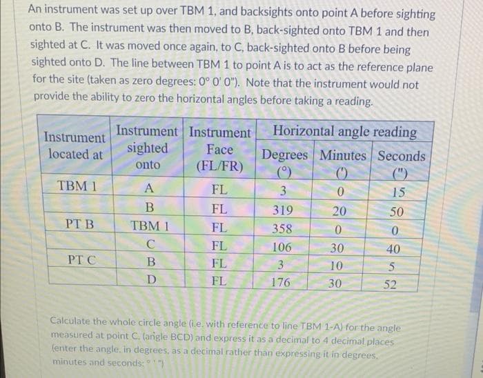 An instrument was set up over TBM 1, and backsights onto point A before sighting
onto B. The instrument was then moved to B, back-sighted onto TBM 1 and then
sighted at C. It was moved once again, to C, back-sighted onto B before being
sighted onto D. The line between TBM 1 to point A is to act as the reference plane
for the site (taken as zero degrees: 0° 0' 0"). Note that the instrument would not
provide the ability to zero the horizontal angles before taking a reading.
Instrument
located at
TBM 1
PT B
PT C
Instrument Instrument
sighted
Face
onto
(FL/FR)
FL
FL
FL
FL
FL
FL
A
B
TBM 1
C
BO
D
Horizontal angle reading
Degrees Minutes Seconds
(9)
()
(")
3
0
15
319
20
358
0
106
30
3
10
176
30
50
0
40
5
52
Calculate the whole circle angle (i.e. with reference to line TBM 1-A) for the angle
measured at point C. (angle BCD) and express it as a decimal to 4 decimal places
(enter the angle, in degrees, as a decimal rather than expressing it in degrees.
minutes and seconds:")