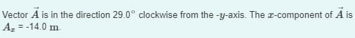 Vector A is in the direction 29.0° clockwise from the -y-axis. The x-component of A is
A₂ = -14.0 m.