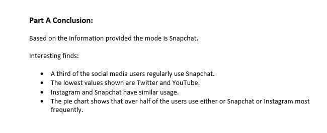 Part A Conclusion:
Based on the information provided the mode is Snapchat.
Interesting finds:
A third of the social media users regularly use Snapchat.
• The lowest values shown are Twitter and YouTube.
Instagram and Snapchat have similar usage.
The pie chart shows that over half of the users use either or Snapchat or Instagram most
frequently.
