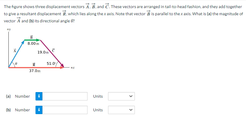 The figure shows three displacement vectors A, B, and C. These vectors are arranged in tail-to-head fashion, and they add together
to give a resultant displacement R, which lies along the x axis. Note that vector is parallel to the x axis. What is (a) the magnitude of
vector A and (b) its directional angle ?
0
B
8.00m
19.0m
R
37.0m
(a) Number i
(b) Number
C
51.0
+X
Units
Units