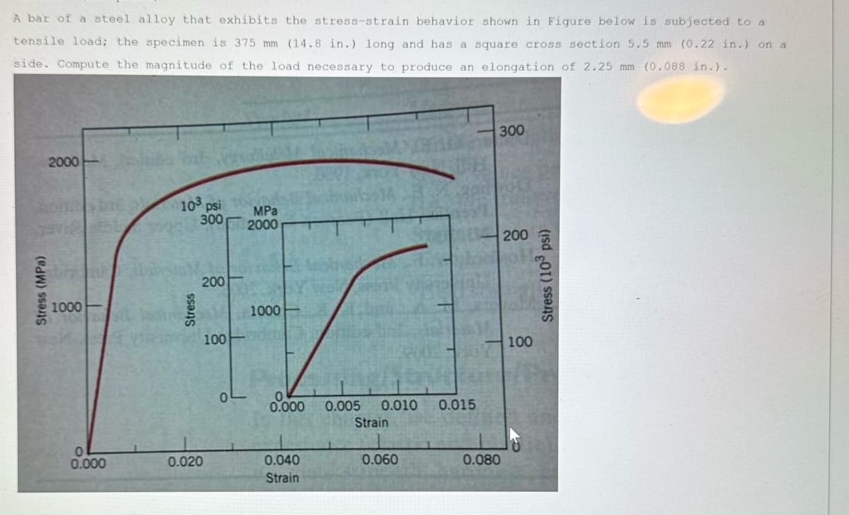 A bar of a steel alloy that exhibits the stress-strain behavior shown in Figure below is subjected to a
tensile load; the specimen is 375 mm (14.8 in.) long and has a square cross section 5.5 mm (0.22 in.) on a
side. Compute the magnitude of the load necessary to produce an elongation of 2.25 mm (0.088 in.).
Stress (MPa)
2000-
1000
0.000
10³ psi
300
Stress
200
0.020
100
اہ
MPa
2000
1000
0.000 0.005 0.010
0.040
Strain
Strain
0.060
0.015
300
0.080
200
100
Stress (10³ psi)