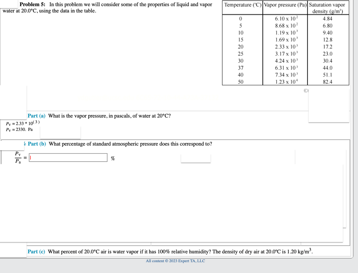 Problem 5: In this problem we will consider some of the properties of liquid and vapor
water at 20.0°C, using the data in the table.
Py = 2.33* 10(3)
Py = 2330. Pa
Part (a) What is the vapor pressure, in pascals, of water at 20°C?
6 Part (b) What percentage of standard atmospheric pressure does this correspond to?
Py
Pa
=
%
Temperature (°C) Vapor pressure (Pa) Saturation vapor
density (g/m³)
0
5
10
15
40
50
6.10 x 10²
8.68 x 10²
1.19 x 10³
1.69 x 10³
2.33 x 10³
3.17 x 10³
4.24 x 10³
6.31 x 10³
7.34 x 10³
1.23 x 104
Ⓒ1
Part (c) What percent of 20.0°C air is water vapor if it has 100% relative humidity? The density of dry air at 20.0°℃ is 1.20 kg/m³.
All content © 2023 Expert TA, LLC
4.84
6.80
9.40
12.8
17.2
23.0
30.4
44.0
51.1
82.4