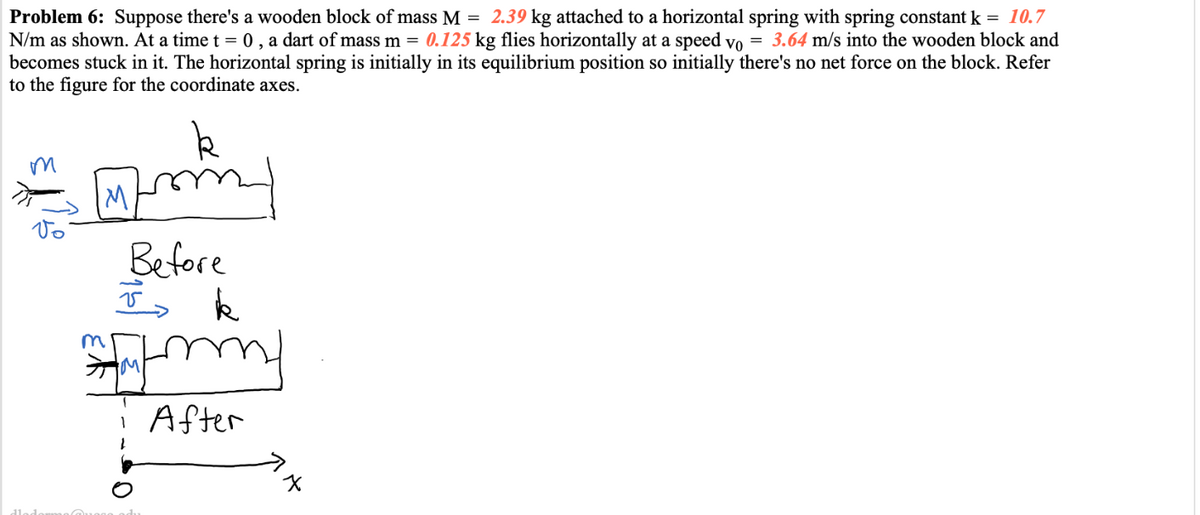 Problem 6: Suppose there's a wooden block of mass M = 2.39 kg attached to a horizontal spring with spring constant k = 10.7
N/m as shown. At a time t = 0, a dart of mass m = 0.125 kg flies horizontally at a speed vo = 3.64 m/s into the wooden block and
becomes stuck in it. The horizontal spring is initially in its equilibrium position so initially there's no net force on the block. Refer
to the figure for the coordinate axes.
m
dlodor
M
Before
다.
IM
k
my
Queno odu
k
After
x