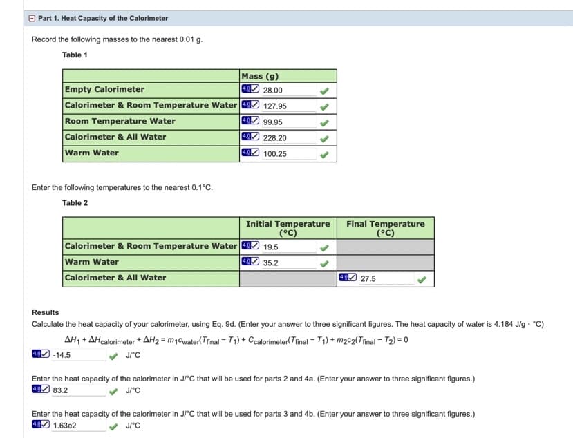 O Part 1. Heat Capacity of the Calorimeter
Record the following masses to the nearest 0.01 g.
Table 1
Mass (g)
40 28.00
Empty Calorimeter
Calorimeter & Room Temperature Water 4 127.95
Room Temperature Water
40 99.95
Calorimeter & All Water
40 228.20
Warm Water
4.0
100.25
Enter the following temperatures to the nearest 0.1°C.
Table 2
Initial Temperature
(°c)
Final Temperature
(°C)
Calorimeter & Room Temperature Water 49
Warm Water
Calorimeter & All Water
19.5
35.2
27.5
Results
Calculate the heat capacity of your calorimeter, using Eq. 9d. (Enter your answer to three significant figures. The heat capacity of water is 4.184 Jlg - °C)
AH, + AHcalorimeter *+ AH2 = m,Cwater(Tfinal - T1) + Ccalorimeter(Trinal - T1) + m2c2(Tinal - T2) = 0
v Jrc
-14.5
Enter the heat capacity of the calorimeter in J°C that will be used for parts 2 and 4a. (Enter your answer to three significant figures.)
49) 83.2
J/C
Enter the heat capacity of the calorimeter in J/°C that will be used for parts 3 and 4b. (Enter your answer to three significant figures.)
9 1.63e2

