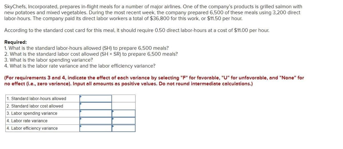 SkyChefs, Incorporated, prepares in-flight meals for a number of major airlines. One of the company's products is grilled salmon with
new potatoes and mixed vegetables. During the most recent week, the company prepared 6,500 of these meals using 3,200 direct
labor-hours. The company paid its direct labor workers a total of $36,800 for this work, or $11.50 per hour.
According to the standard cost card for this meal, it should require 0.50 direct labor-hours at a cost of $11.00 per hour.
Required:
1. What is the standard labor-hours allowed (SH) to prepare 6,500 meals?
2. What is the standard labor cost allowed (SH x SR) to prepare 6,500 meals?
3. What is the labor spending variance?
4. What is the labor rate variance and the labor efficiency variance?
(For requirements 3 and 4, indicate the effect of each variance by selecting "F" for favorable, "U" for unfavorable, and "None" for
no effect (i.e., zero variance). Input all amounts as positive values. Do not round intermediate calculations.)
1. Standard labor-hours allowed
2. Standard labor cost allowed
3. Labor spending variance
4. Labor rate variance
4. Labor efficiency variance
