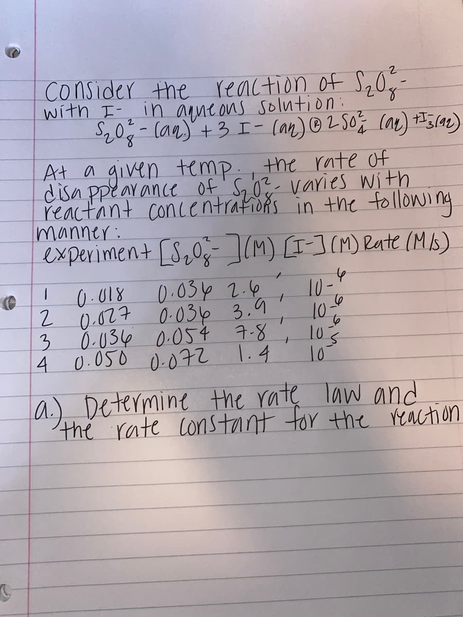 Consider the reaction of S,0.
with I- in agmeons solution:
S20-(an)+3 I- (an)©250¢ car) 5(92)
8.
At a given temp. the rate of
disa ppear ance of 'S,0?- varies with
reactant concentrafions in the following
manner:
experiment [S20; ] (M) [I-](M) Rate (MB)
10 -4
0.034 2.6
0-027 0-03p
0-036 0.054 7.8,
1.4
0.018
10-
10-
1.
3
0.050 0.072
4
10
10
a.) Determine the ratę law and
the rate constant tor the reaction
