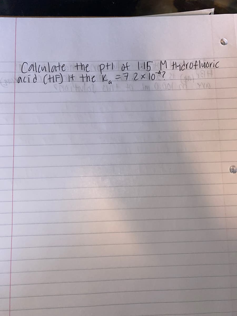 Calenlate the ptl of I15 M tydrofluoric
acíd (HP) it the K, =7.2x10*?
