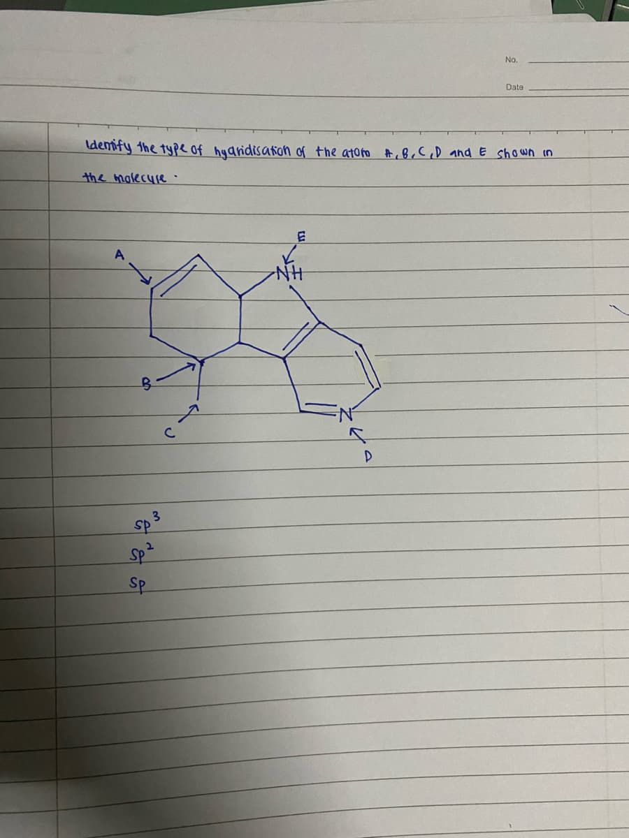 No.
Date
demify the tyPe of hyaridisaton of the atoro #,8,C,D and E shown in
the molecue
E
2.
sp²
Sp
