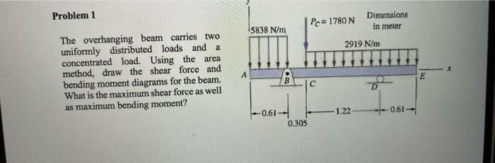 Problem 1
Dimensions
Pc= 1780 N
15838 N/m.
in meter
The overhanging beam carries two
uniformly distributed loads and a
concentrated load. Using the area
method, draw the shear force and
bending moment diagrams for the beam.
What is the maximum shear force as well
as maximum bending moment?
2919 N/m
-0.61
1.22
0.61
0.305
