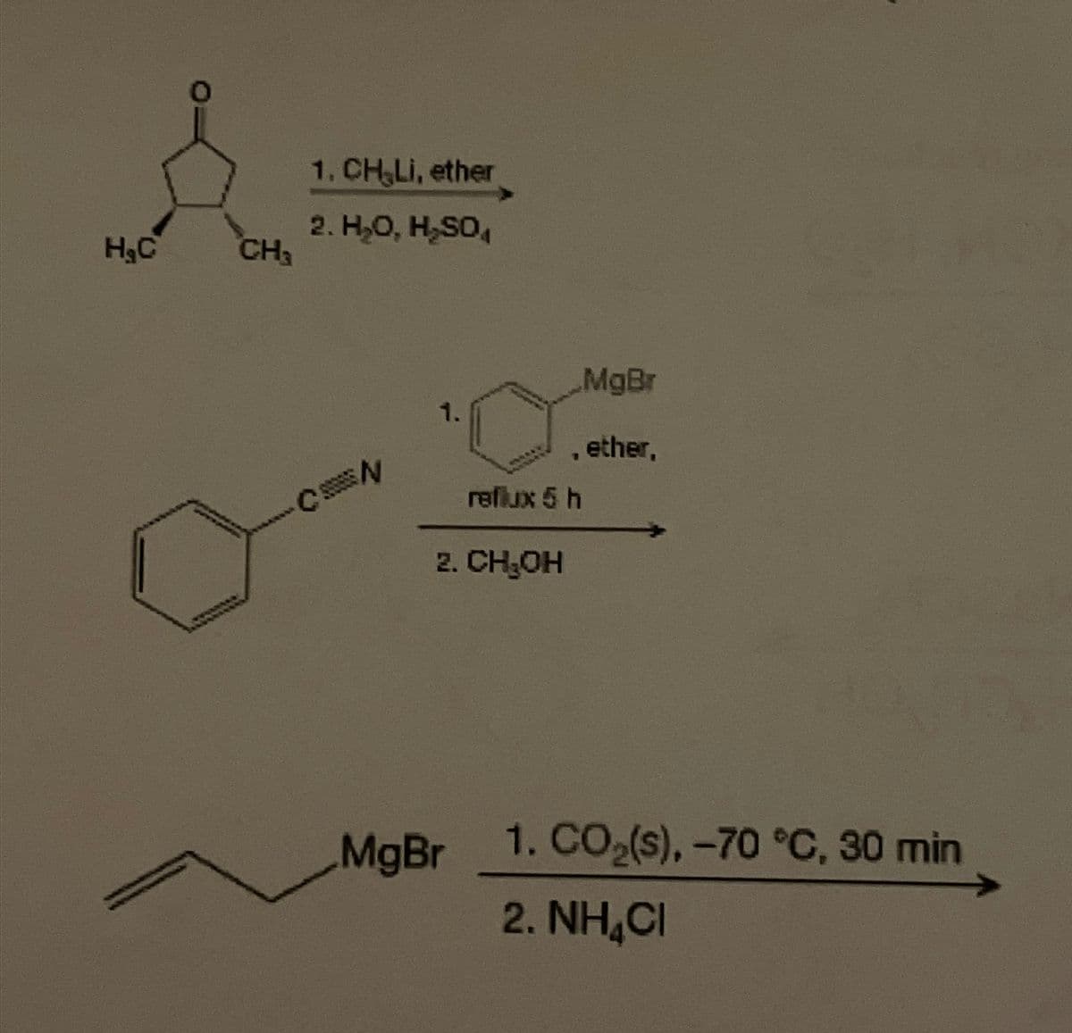 H₂C
CH₂
1. CH Li, ether
2. H₂O, H₂SO4
N
1.
2. CH₂OH
MgBr
MgBr
, ether,
reflux 5 h
1. CO₂(s), -70 °C, 30 min
2. NH4CI