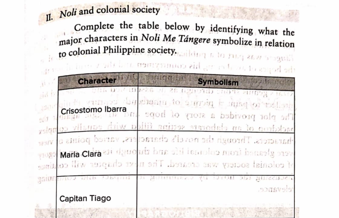 II. Noli and colonial society
major characters in Noli Me Tángere symbolize in relation
Complete the table below by identifying what the
to colonial Philippine society.ildng n to g z6
Character
Symbolism
Crisostomo Ibarra
s bjot bioiqaa v 2onh o pobs
Vu Maria Clara i uot bar sii ieaoloomoi bsaslg 1
Capitan Tiago
