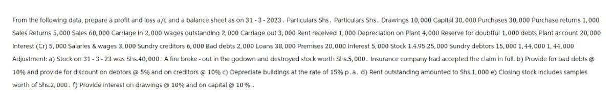 From the following data, prepare a profit and loss a/c and a balance sheet as on 31-3-2023. Particulars Shs. Particulars Shs. Drawings 10,000 Capital 30, 000 Purchases 30,000 Purchase returns 1,000
Sales Returns 5,000 Sales 60, 000 Carriage in 2,000 Wages outstanding 2,000 Carriage out 3, 000 Rent received 1,000 Depreciation on Plant 4,000 Reserve for doubtful 1,000 debts Plant account 20,000
Interest (Cr) 5,000 Salaries & wages 3,000 Sundry creditors 6, 000 Bad debts 2,000 Loans 38,000 Premises 20, 000 Interest 5,000 Stock 1.4.95 25,000 Sundry debtors 15,000 1,44,000 1, 44,000
Adjustment: a) Stock on 31-3-23 was Shs.40,000. A fire broke -out in the godown and destroyed stock worth Shs.5, 000. Insurance company had accepted the claim in full. b) Provide for bad debts @
10% and provide for discount on debtors @ 5% and on creditors @ 10% c) Depreciate buildings at the rate of 15% p.a. d) Rent outstanding amounted to Shs.1,000 e) Closing stock includes samples
worth of Shs.2,000. f) Provide interest on drawings @ 10% and on capital @ 10% .