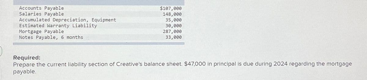 Accounts Payable
Salaries Payable
Accumulated Depreciation, Equipment
Estimated Warranty Liability
Mortgage Payable
Notes Payable, 6 months
$107,000
148,000
35,000
30,000
287,000
33,000
Required:
Prepare the current liability section of Creative's balance sheet. $47,000 in principal is due during 2024 regarding the mortgage
payable.