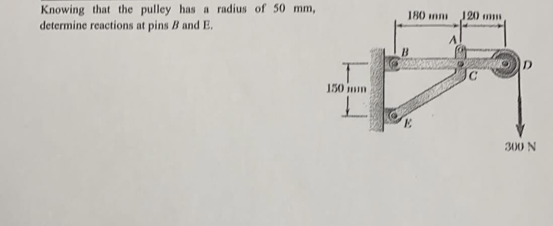 Knowing that the pulley has a radius of 50 mm,
determine reactions at pins B and E.
180 mm
120 mm
13
150 mm
3.
300 N
