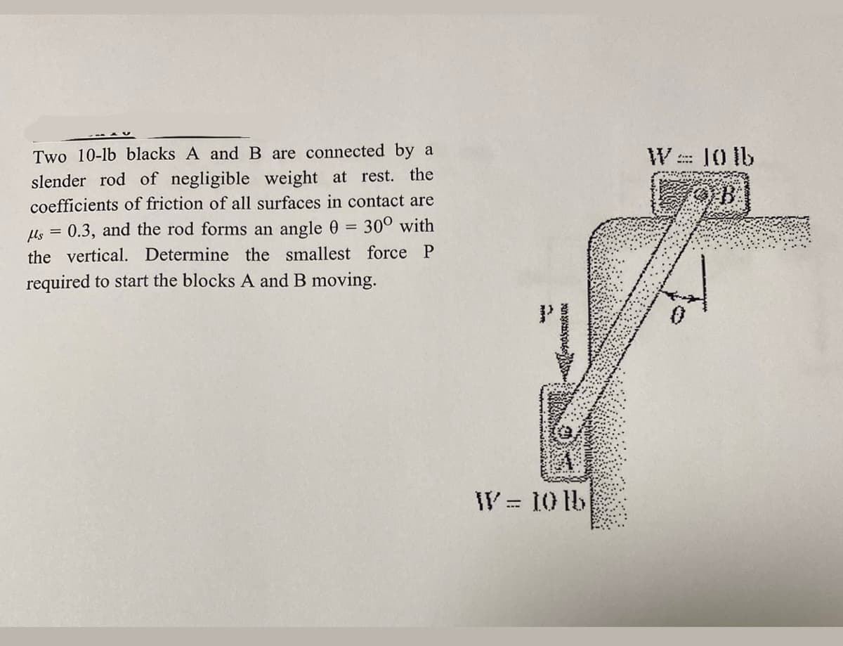 Two 10-lb blacks A and B are connected by a
W 10 1b
slender rod of negligible weight at rest. the
coefficients of friction of all surfaces in contact are
30° with
PB
Us = 0.3, and the rod forms an angle 0
the vertical. Determine the smallest force P
required to start the blocks A and B moving.
W = 10 lb
