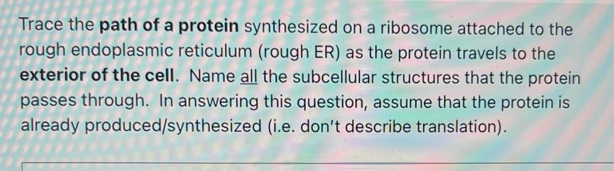 Trace the path of a protein synthesized on a ribosome attached to the
rough endoplasmic reticulum (rough ER) as the protein travels to the
exterior of the cell. Name all the subcellular structures that the protein
passes through. In answering this question, assume that the protein is
already produced/synthesized (i.e. don't describe translation).
