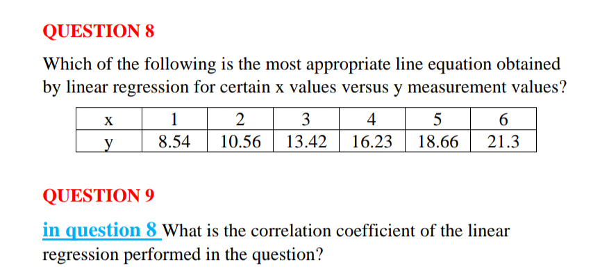 QUESTION 8
Which of the following is the most appropriate line equation obtained
by linear regression for certain x values versus y measurement values?
X
y
1
8.54
2
10.56
3
4
5
13.42 16.23 18.66
6
21.3
QUESTION 9
in question 8 What is the correlation coefficient of the linear
regression performed in the question?