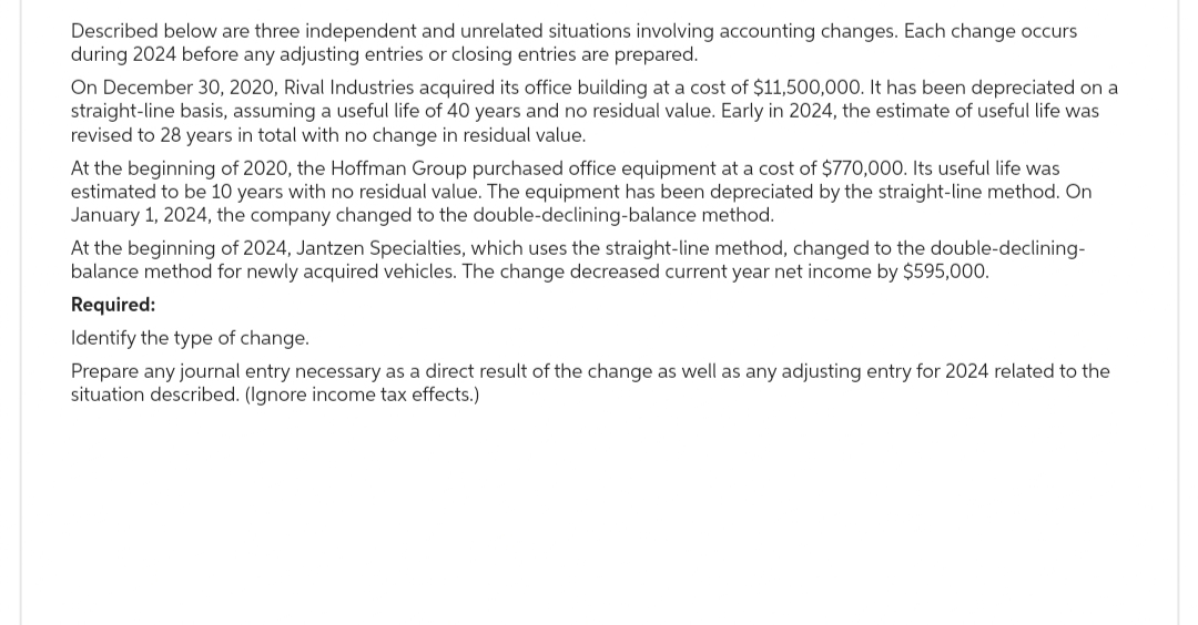 Described below are three independent and unrelated situations involving accounting changes. Each change occurs
during 2024 before any adjusting entries or closing entries are prepared.
On December 30, 2020, Rival Industries acquired its office building at a cost of $11,500,000. It has been depreciated on a
straight-line basis, assuming a useful life of 40 years and no residual value. Early in 2024, the estimate of useful life was
revised to 28 years in total with no change in residual value.
At the beginning of 2020, the Hoffman Group purchased office equipment at a cost of $770,000. Its useful life was
estimated to be 10 years with no residual value. The equipment has been depreciated by the straight-line method. On
January 1, 2024, the company changed to the double-declining-balance method.
At the beginning of 2024, Jantzen Specialties, which uses the straight-line method, changed to the double-declining-
balance method for newly acquired vehicles. The change decreased current year net income by $595,000.
Required:
Identify the type of change.
Prepare any journal entry necessary as a direct result of the change as well as any adjusting entry for 2024 related to the
situation described. (Ignore income tax effects.)