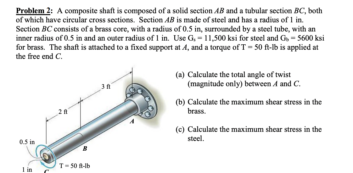 Problem 2: A composite shaft is composed of a solid section AB and a tubular section BC, both
of which have circular cross sections. Section AB is made of steel and has a radius of 1 in.
Section BC consists of a brass core, with a radius of 0.5 in, surrounded by a steel tube, with an
inner radius of 0.5 in and an outer radius of 1 in. Use Gs = 11,500 ksi for steel and Gb = 5600 ksi
for brass. The shaft is attached to a fixed support at A, and a torque of T = 50 ft-lb is applied at
the free end C.
0.5 in
1 in
2 ft
B
T = 50 ft-lb
3 ft
(a) Calculate the total angle of twist
(magnitude only) between and C.
(b) Calculate the maximum shear stress in the
brass.
(c) Calculate the maximum shear stress in the
steel.