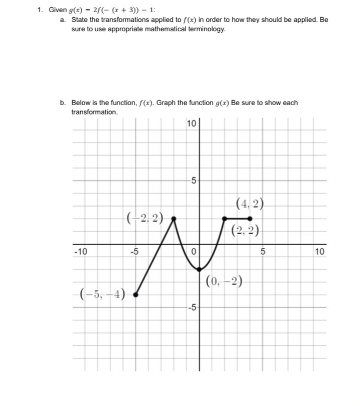 1. Given g(x) = 2f(- (x + 3)) – 1:
a. State the transformations applied to f(x) in order to how they should be applied. Be
sure to use appropriate mathematical terminology.
b. Below is the function, f(x). Graph the function g(x) Be sure to show each
transformation.
10
(4. 2)
(-2, 2)
(2,2)
-10
-5
5
10
(0, –2)
(-5, –4)
-5
