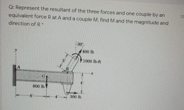 Q: Represent the resultant of the three forces and one couple by an
10
equivalent force R at A and a couple M. find Mand the magnitude and
direction of R
30
400 lb
3
1000 lb-ft
A
B
800 lbY
6-
300 lb
