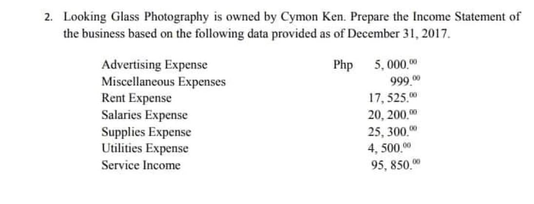 2. Looking Glass Photography is owned by Cymon Ken. Prepare the Income Statement of
the business based on the following data provided as of December 31, 2017.
Advertising Expense
Php
5,000.00
Miscellaneous Expenses
999.00
Rent Expense
17, 525.00
Salaries Expense
20, 200,00
Supplies Expense
25,300.00
Utilities Expense
4,500.00
Service Income
95, 850.00