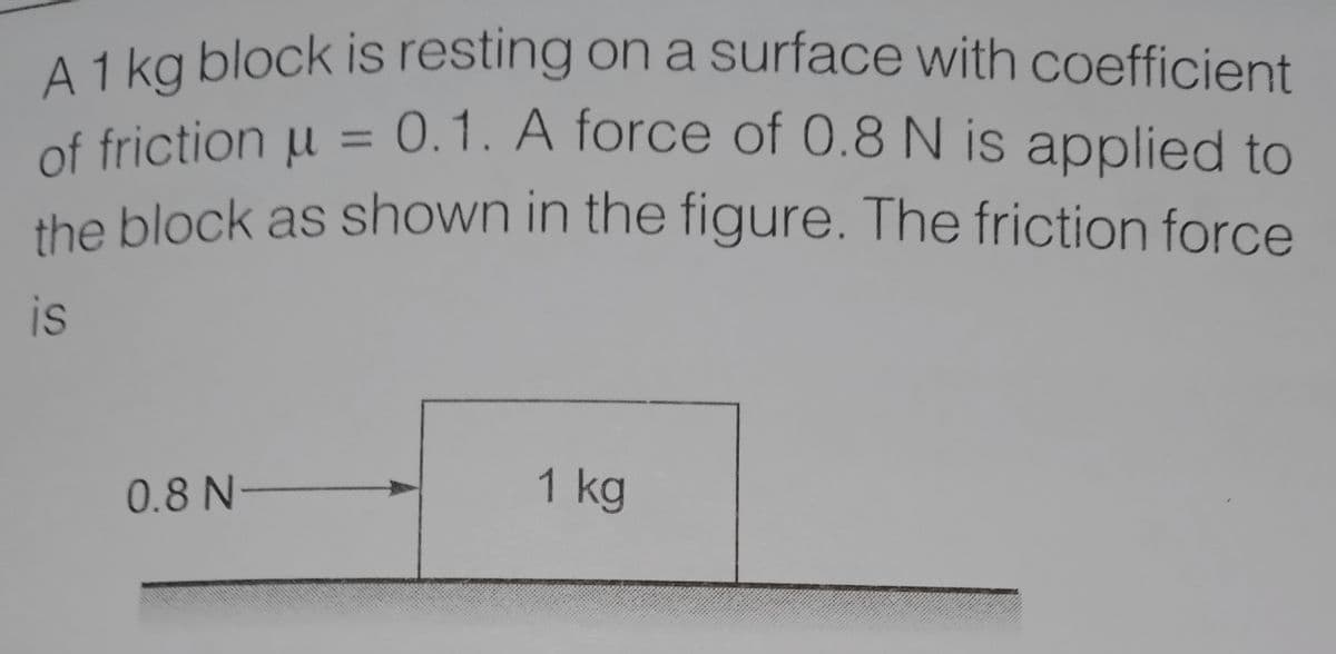 A 1 kg block is resting on a surface with coefficient
of friction u = 0.1. A force of 0.8 N is applied to
the block as shown in the figure. The friction force
%3D
is
0.8 N
1 kg
