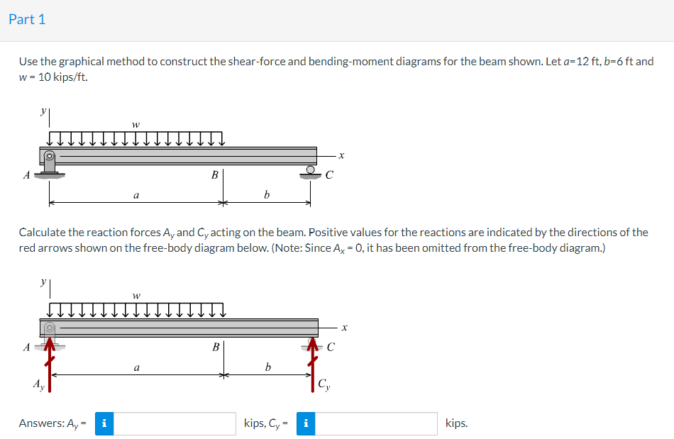 Part 1
Use the graphical method to construct the shear-force and bending-moment diagrams for the beam shown. Let a=12 ft, b=6 ft and
w = 10 kips/ft.
"|
Ay
Answers: Ay=
Mo
W
i
a
Calculate the reaction forces Ay and Cy acting on the beam. Positive values for the reactions are indicated by the directions of the
red arrows shown on the free-body diagram below. (Note: Since Ax = 0, it has been omitted from the free-body diagram.)
"||
B
PO
W
b
B
b
kips, Cy=
i
C
X
C₂
X
kips.